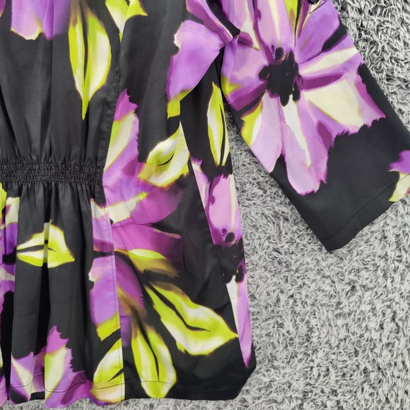 Susan Graver Women Floral Art to Wear Button Down Top M Black Purple 3/4 Sleeve - Picture 14 of 16